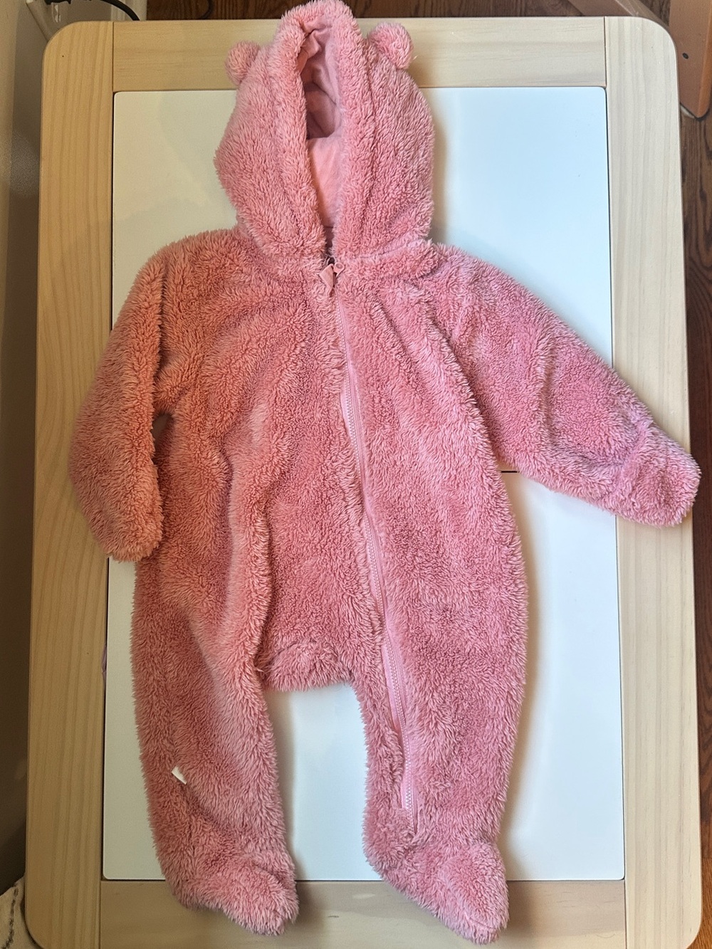 Pink Fleece Zip-up Footie Romper Winter Snowsuit with Bear Ear Hood 12-18m